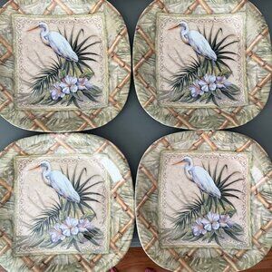 4 Melamine Dinner Plates with White Ibis Bird and Matching 8 Small Plates